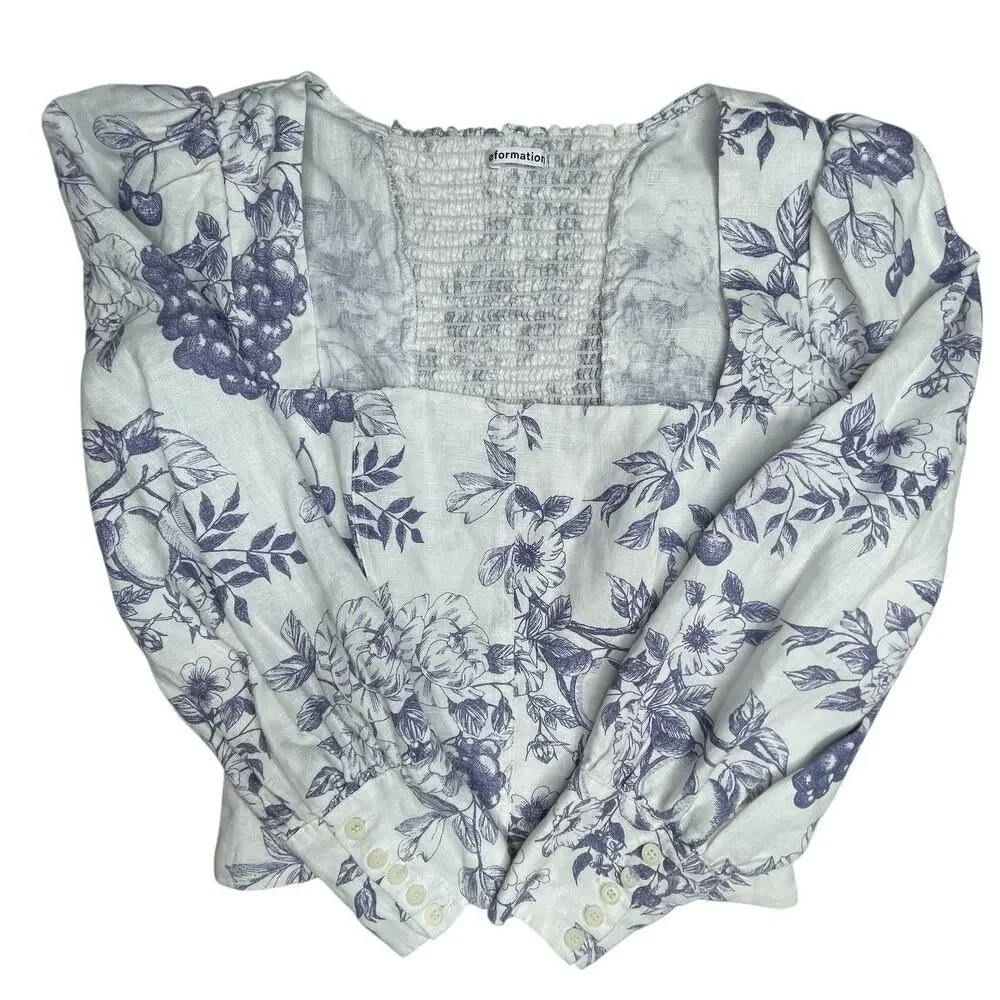 Reformation Stilton Linen Top Blue Toile Floral Long Sleeve Square Neck Size 2